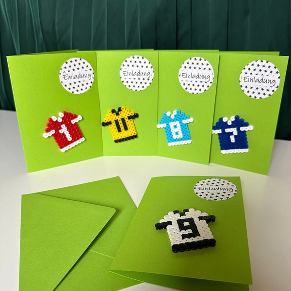 Einladungskarten Kindergeburtstag / Fussball Trikot/5er Set 3D/ Bügelperlen / Kindergeburtstag / blanko inkl. passender Umschläge