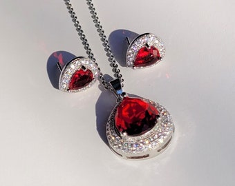 Red crystal necklace earrings set, Elegant Red necklace set