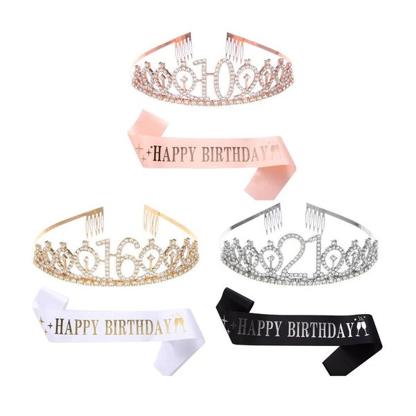 10/16/21/30/40/50/60/70th Birthday tiara sash set | Happy birthday party tiara | Happy birthday sash | Birthday gifts for women