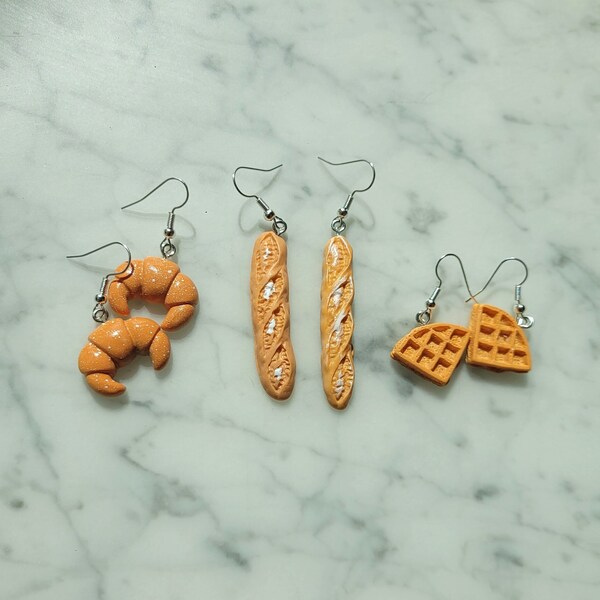 Bakery earrings, Croissant earrings, Baguette earrings, Waffle earrings, Bread earrings