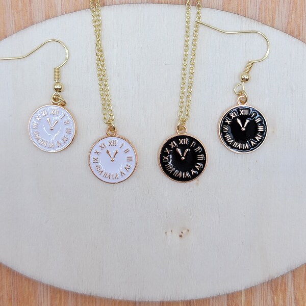 Small size Clock necklace, Clock earrings, White clock necklace, Black clock necklace