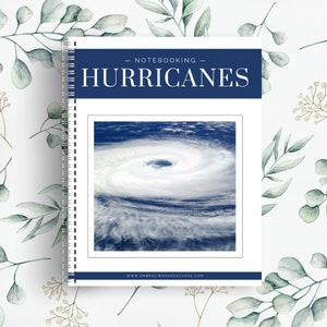 May include: A white notebook with a blue header that says "Notebooking - Hurricanes". The cover features a satellite image of a hurricane with a white eye and swirling clouds.