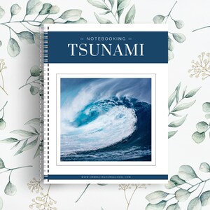 May include: A notebook cover with a blue background and the text "NOTEBOOKING - TSUNAMI" in white. The cover features a photo of a large wave crashing in the ocean.