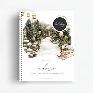 Op de afbeelding: Een witte omslag met een aquarel-illustratie van een besneeuwde winterscène met een slee, bomen en lampjes. De tekst "The Simplified Holiday Feast" en "12 Lessons adore" staat op de omslag gedrukt.