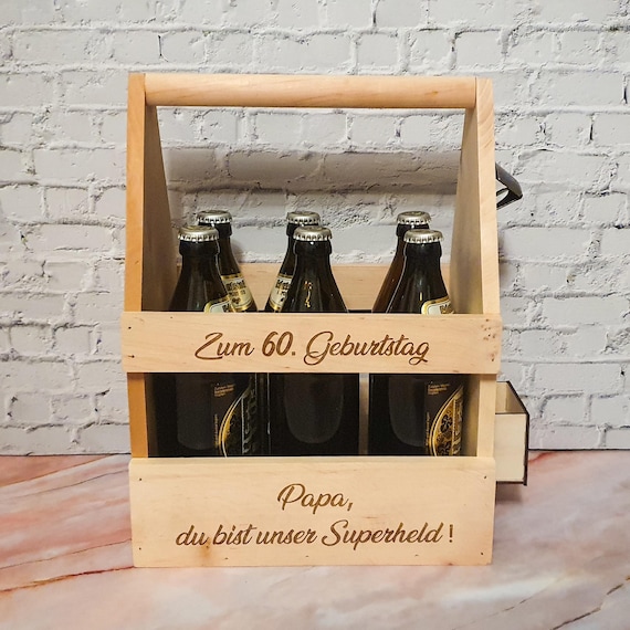 Beer carrier with engraving & photo - Personalized gift for dad, Christmas gift dad, men's handbag, wooden bottle carrier