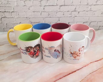 Personalisierte Fototasse Herzrahmen | 2 Fotos + Wunschtext | Keramiktasse mit farbiger Innenseite | Geschenk Paare |Valentinstag Geschenk