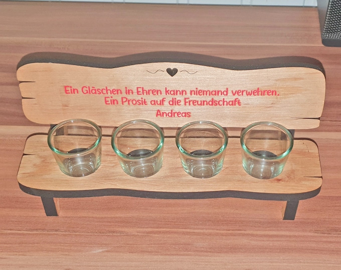 Personalized liquor bench including 4 glasses: Handmade from 10 mm thick oiled alder wood - Individual lettering in the color of your choice