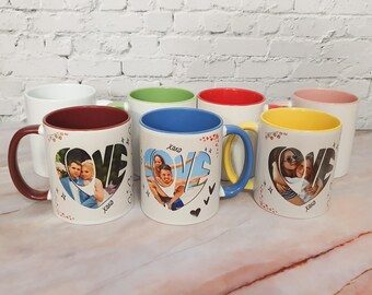 Fototasse personalisiert „LOVE“ – Herz Foto Rahmen, Keramik 330 ml, 2 Fotos möglich – romantisches Geschenk für Freundin, Freund & Paare