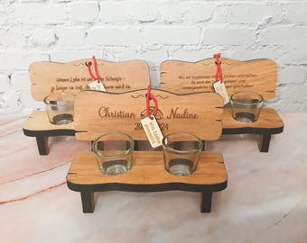 Personalisierbare Schnapsbank mit Wunschgravur inkl. 2 Gläser Wunschtext, Hochzeitsgeschenk Custom, Geschenk Braut und Bräutigam Lasergravur
