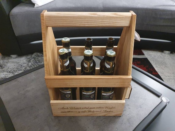 Personalized oiled ash wood bottle carrier | Engraved beer carrier | Bottle opener & cap catcher | Father's Day gift for Dad