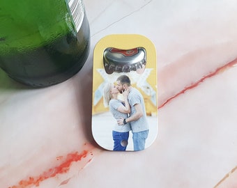Décapsuleur personnalisé en acier inoxydable avec photo et texte – porte-clés 70 x 38 mm, impression recto ou recto verso | Cadeau d'anniversaire