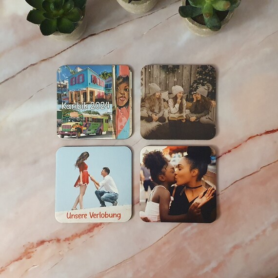 Personalized photo coaster with your desired text - non-slip, flexible, perfect as a wedding or farewell gift! Glittery & high gloss