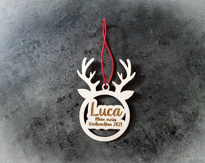 Personalized Christmas ball made of birch plywood: Unique deer look - The perfect Christmas decoration - Baby's first Christmas 2024