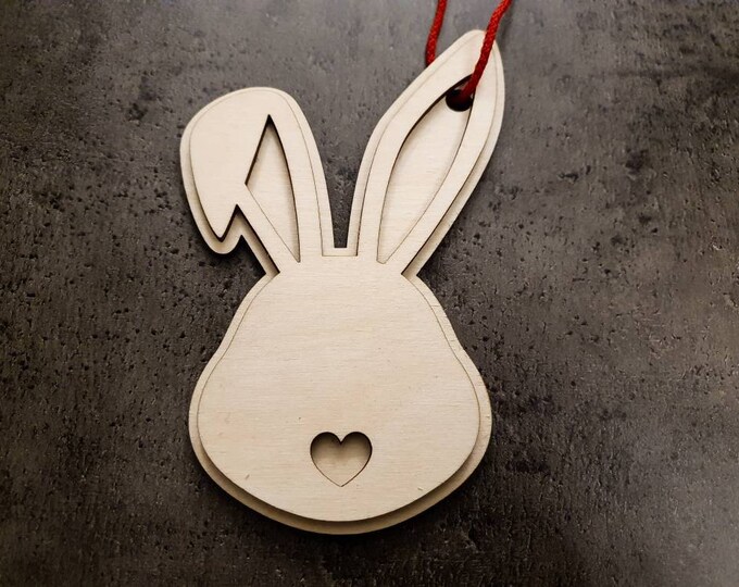 Easter magic: Handmade wooden pendant in bunny shape with heart detail - size 150 x 100 mm - 2 layers - Perfect Easter decoration