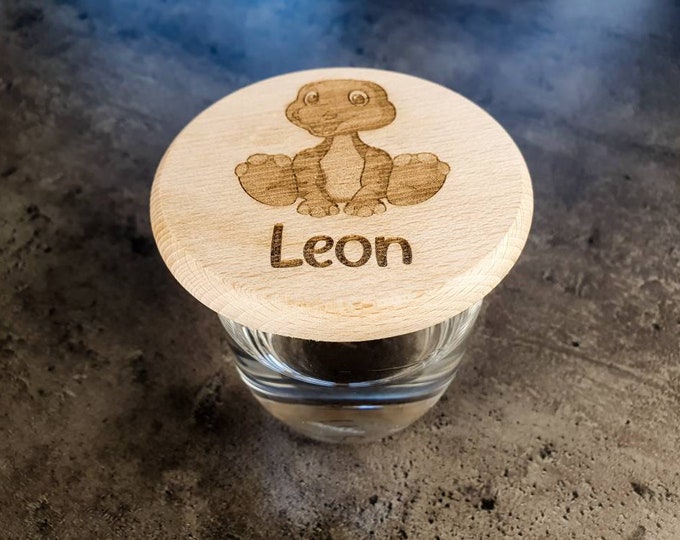 Personalized Dino drink lids: Practical insect protection for drinking glasses! With 6 motifs & name engraving made of sturdy beech wood