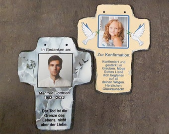 Personalisiertes Schieferkreuz mit Foto & Spruch – hochwertiger Druck, inkl. Füße und Lederschnur | Geschenk Kommunion Konfirmation Gedenken