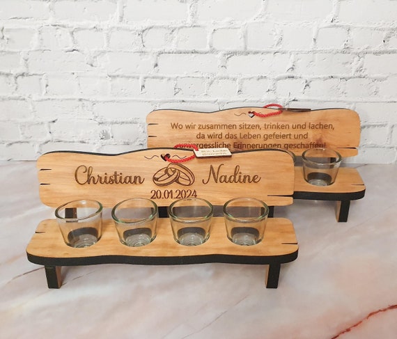 Personalizable liquor bench with desired engraving including 4 glasses of desired text, wedding gift custom, gift bride and groom laser engraving