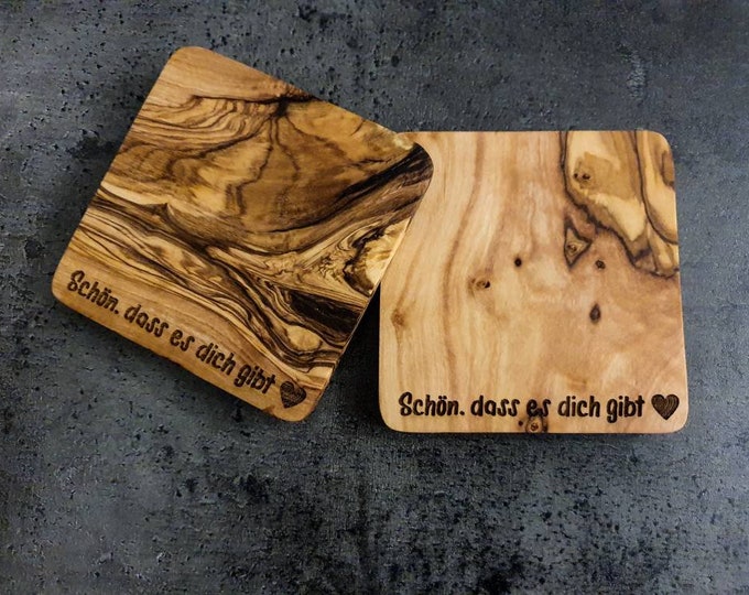 Unique olive wood coasters set of 2 - your personal gift with your favorite saying! Handcrafted from sturdy olive wood.