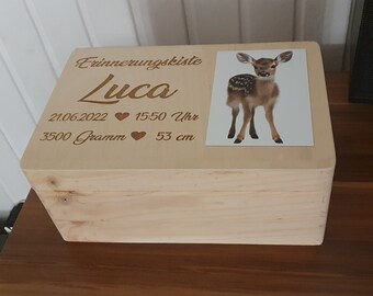 Personalisierte Baby Erinnerungskiste aus Kiefernholz – Geburtsdaten Gravur + Tiermotiv (6 Designs) | Geschenk zur Geburt & Taufe