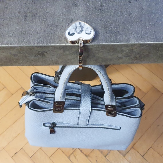 Personalized foldable bag hook for tables with your own photo. Heart shaped handbag holder, bag hanger, bridesmaid gift
