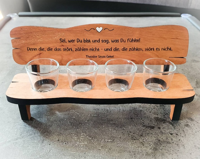 Unique gift with heart: Personalized liquor bench made of alder wood with 4 glasses - handmade quality for unforgettable moments!