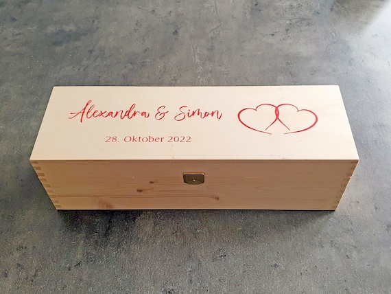 Personalized wooden box for wine and sparkling wine - unique gift box for weddings, Christmas and special occasions with colored foil!