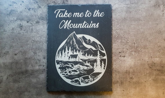 Remaining stock: Lasered traded slate board "Mountain motifs" - 40 x 30 cm, impressive graphics, unique work of art for your home!