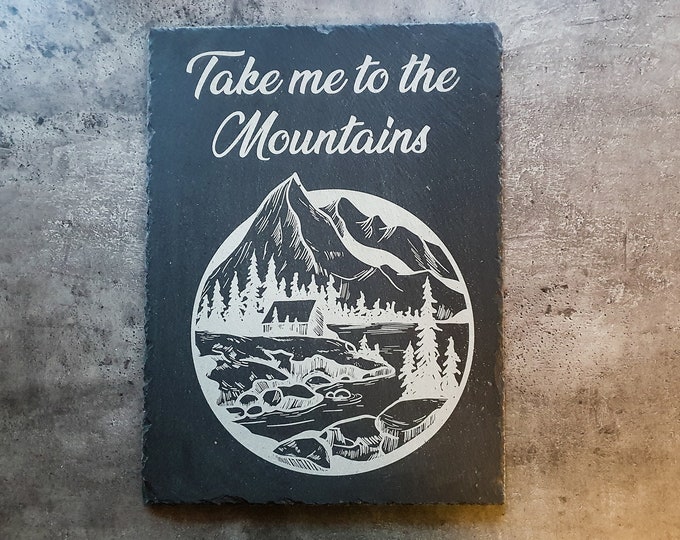 Remaining stock: Lasered traded slate board "Mountain motifs" - 40 x 30 cm, impressive graphics, unique work of art for your home!