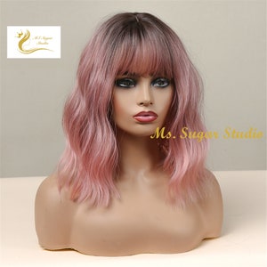 Dark Rooted Rose Pink Gradient Water Wavy Bob Ombre Wigs with Air bangs for Women/ Shoulder Length Hair/ Heat Resistant Synthetic wig