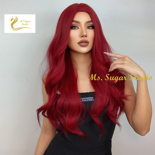 Long Burgundy red Natural Wavy Wig/Natural Look Hair/Heat Resistant Synthetic Wig/ Cosplay Wig/ Party Wig/ Styled Wig/ Gift for her