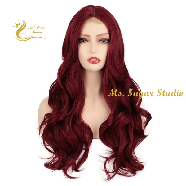 Burgundy Red Small Lace Front Natural Long Wavy Ombre Wigs For Woman/ Synthetic Wig/ Daily Wear Wig/ Heat Resistant Wig/ Cosplay Party Wig