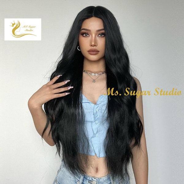30 Inches Jet Black Natural Wavy Wig/ Natural Look Hair/ Heat Resistant Synthetic Wig/ Fashion Wig/ Styled Wigs/ Christmas Wig/ Costum Wig