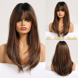 Long Straight Chocolate Brown with Blonde Highlights Layered Wig with Bangs/ Natural Look Wig/ Ombré Wig/ Heat Resistant Wig/ Daily Wear Wig
