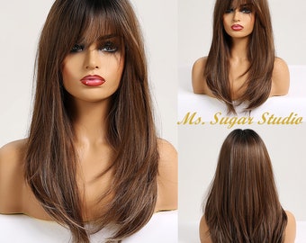 Long Straight Chocolate Brown with Blonde Highlights Layered Wig with Bangs/ Natural Look Wig/ Ombré Wig/ Heat Resistant Wig/ Daily Wear Wig