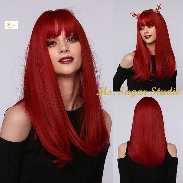 Long Red Straight Wig with bangs/Fashion Red Wig/Medium Long Hair/Heat Resistant Wig/ Cosplay Wig/ Party Wig/ Styled Wig/ Christmas wigs