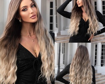 Long Dark Rooted Brown Gradient Blonde Ombre Water Wave Synthetic Wig / Medium Split Wig/ Long Synthetic Wig / Heat Resistant Wig/ Party Wig