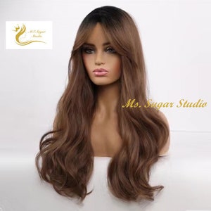 Long Chocolate Brown Wavy layered Ombre Wig with Curtain Bangs For Woman/ Synthetic Wig/ Natural Look Wig/Heat Resistant Wig/ Daily Wear Wig