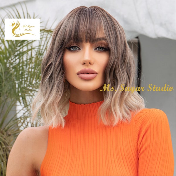 Shoulder Length Dark Root Brown to Blonde Gradient Nature Wavy Bob Ombre Wigs with bangs / Natural Look Hair/ Heat Resistant Synthetic wig