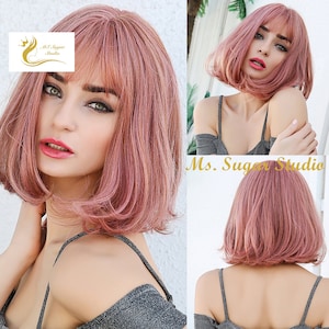 Short Dusty Rose Pink Natural Wave Ombré Bob Wig With Bangs for woman/ Synthetic Heat Resistant Wig/ Natural Look Hair/ Fashion wig
