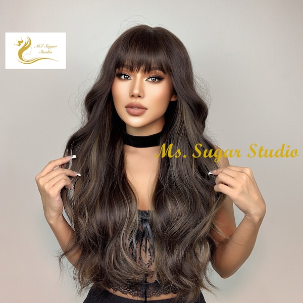 Long Black Brown Highlights Blonde Natural Wavy Wig with Bangs/ Heat Resistant Synthetic Wig/ Highlights Wig/ Styled Wig/ Fashion Wigs/ Gift