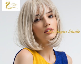 Short white Blond Bob Wig With Bangs/ Fashion Blonde Ombré Wig/ Short Straight Hair/ Heat Resistant Wig/ Cosplay Wig/ Party Wig/ Styled Wig