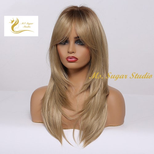 Long Straight Blonde Layered Wig With Bangs/ Natural Looking - Etsy Long Straight Blonde Layered Wig With Bangs/ Natural Looking - Etsy