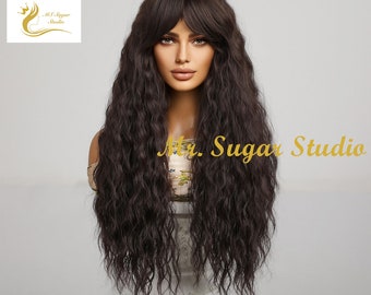 Long Black Curly Wig with Bangs/ Heat Resistant Wigs/ Ladies Wigs/ Fairy Wig/ Red Wig/ Cosplay wig/ Christmas wig/Party Wigs/ Natural Hair