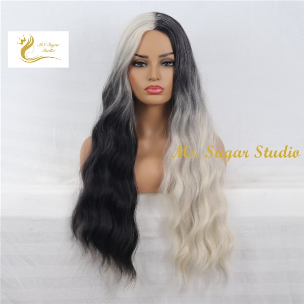 30 Inches Black and Platinum Natural wavy wig/ Black and Cream Wig/ Heat Resistance Synthetic Wig/ Party Wig/ Drag Cruella Costume wigs