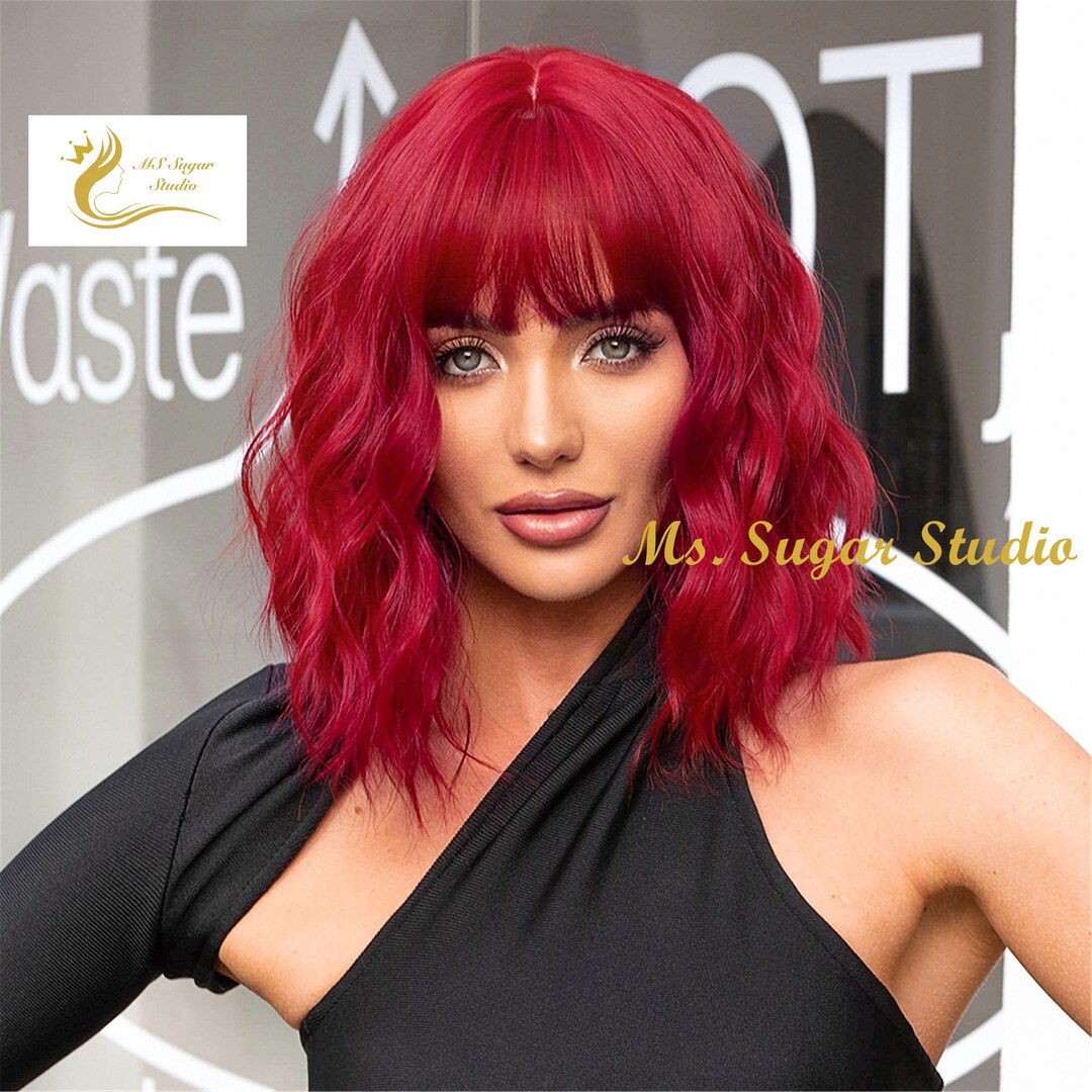 Shoulder Length Red Gradient Nature Wavy Bob Ombre Wigs With Bangs for ...