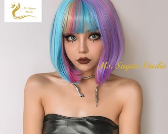 Short Straight Multi Color Bob Wig For Cosplay And Party/ Heat Resistant wig/ Fashion Rainbow Wig/ Bob Hair/ Cosplay Wig/ Gift for her