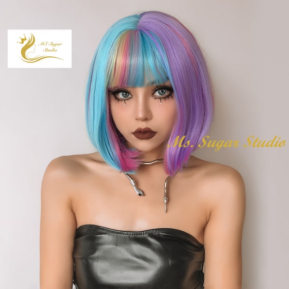 Short Straight Multi Color Bob Wig for Cosplay and Party/ Heat - Etsy Short Straight Multi Color Bob Wig for Cosplay and Party/ Heat - Etsy