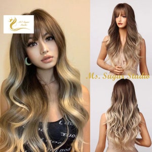 Long Gradient Blonde Nature Wavy Ombré Wig With Bangs for - Etsy