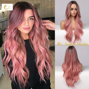 Long Dart Root Pink Wavy Ombré Wig/ Fashion Wig/ Nature Wavy Wig/ Heat Resistant Synthetic Wig/ Cosplay Wig/ Party Wig/ Colorful wigs