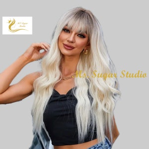 Long Dark Root Platinum Blonde Natural Wavy Ombré Wig For Woman/ Natural Look Hair/ Heat Resistant Synthetic Wig/ fashion wig/ Styled wig